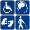 Pictogrammes illustrant diverses formes de handicap. Sont représentées 1) les personnes en fauteuil roulant, 2) les personnes ayant des maladies mentales, 3) les personnes communiquant par langue des signes et 4) les personnes aveugles et mal voyantes.